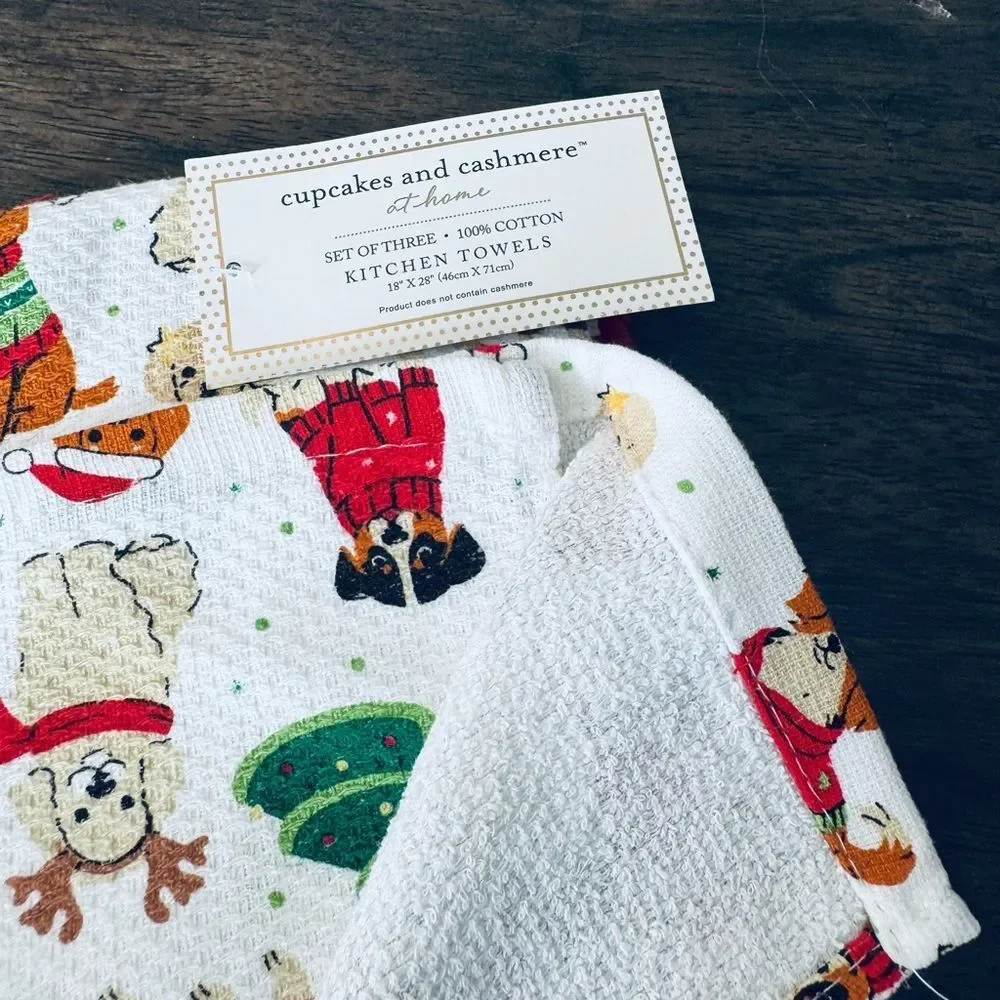 Cupcakes & Cashmere Christmas Dogs Kitchen Dish Towels 3-pc Set
